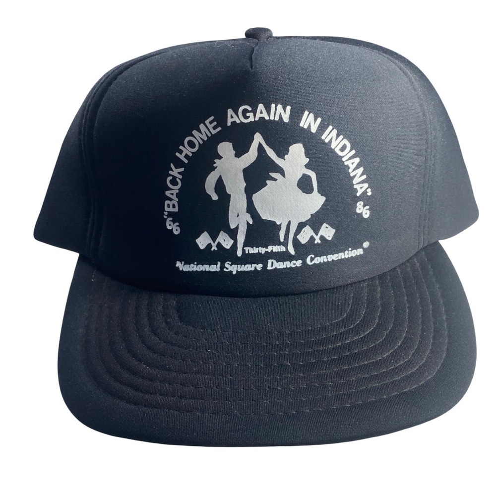 Vintage National Square Dance 86 Black Trucker Hat Back Home Again Indiana